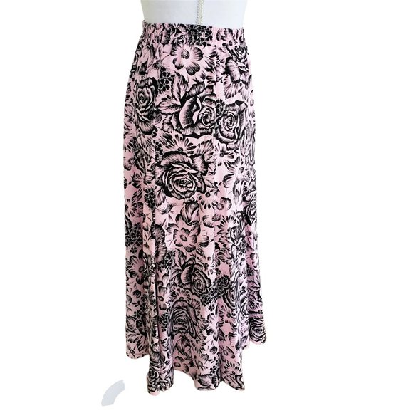 vintage 80s Pink And Black Floral Two Piece baggy Shirt / Skirt Set - Picture 10 of 11